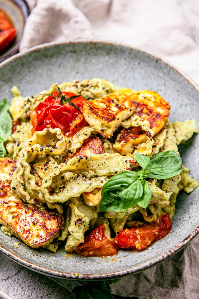 Avocado Tahini Pasta with Fried Halloumi